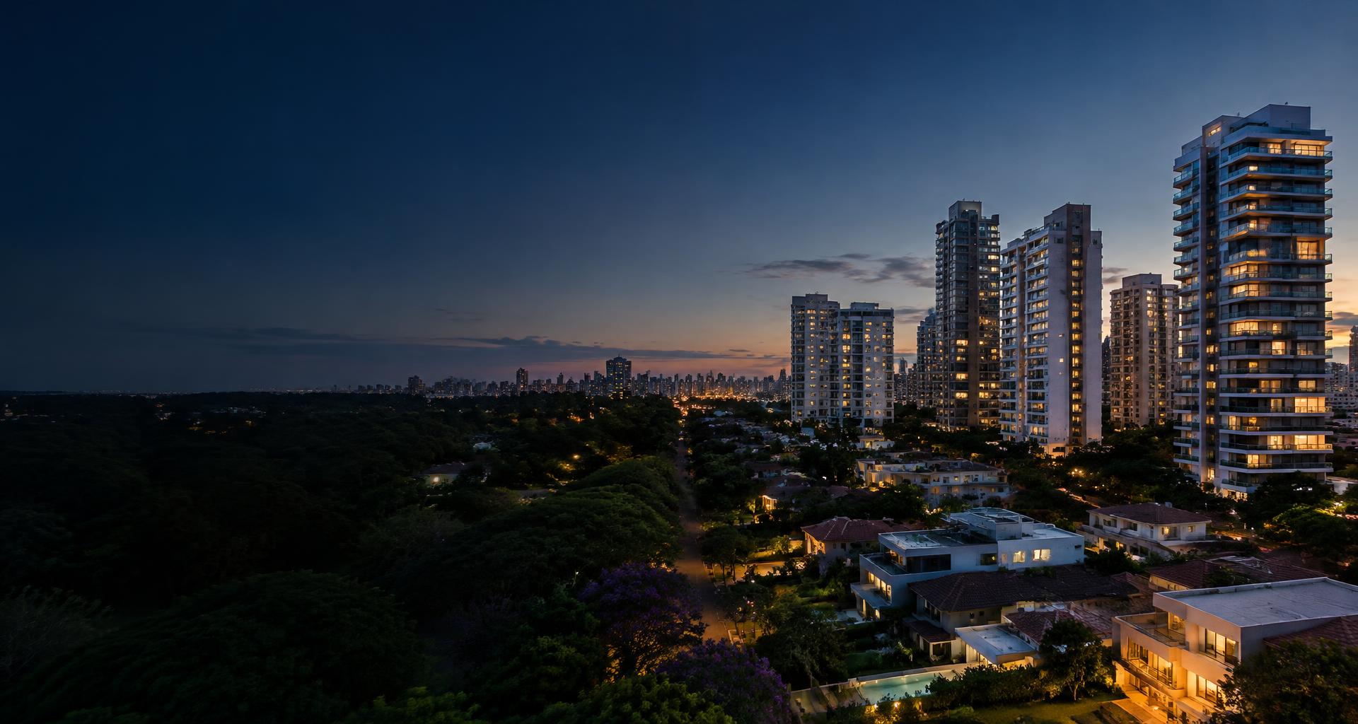 Vista de um bairro com edifícios residenciais e casas ao entardecer